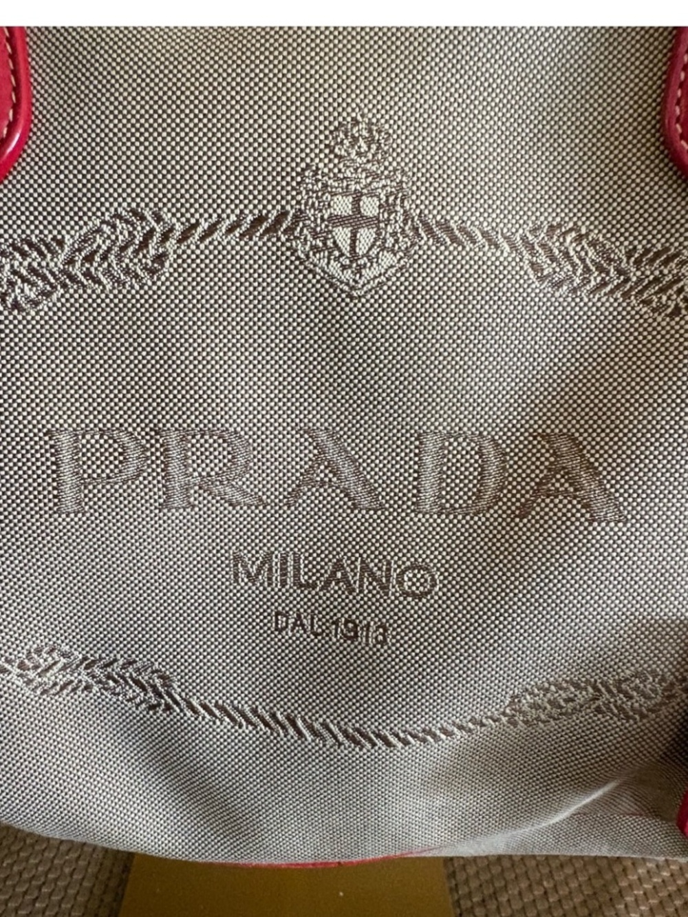 Prada Beige Canvas Shoulder Bag with Red Leather Trim COA - Picture 3 of 13